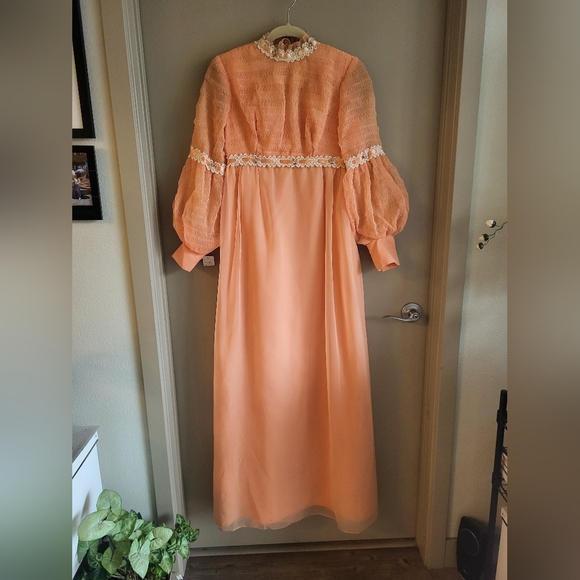 Unique Vintage Dresses & Skirts - Vintage Chiffon Prairie Maxi Dress with Lace Trim
